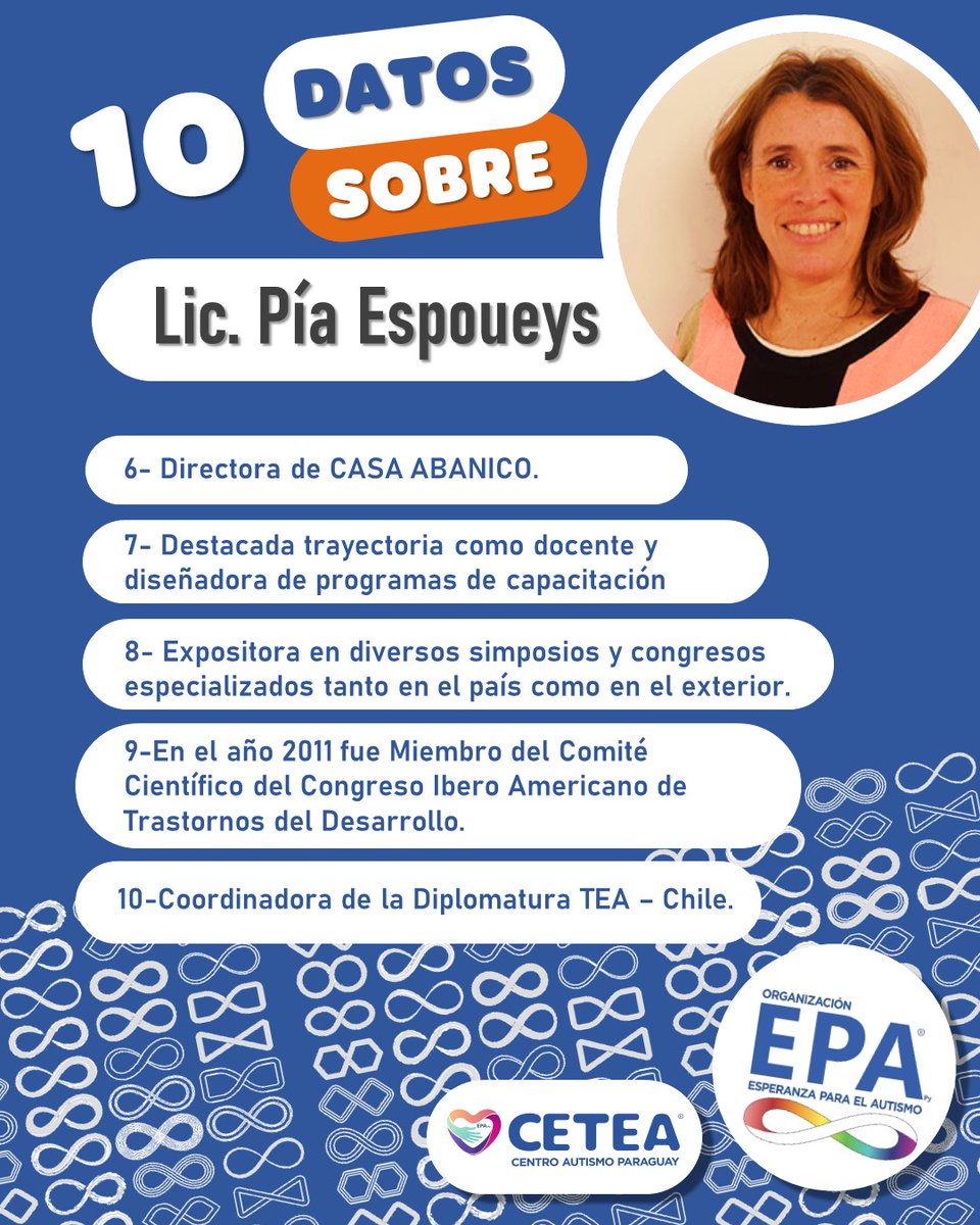 EPA Paraguay y CETEA se complacen en presentar a la Lic. María Pia Espoueys en una conferencia magistral; EMOCIONES Y AUTISMO: DE LA COMPRESIÓN A LA INTERVENCIÓN. Agendá esta fecha; 2 de noviembre a las 19 hs. en el 9° piso del Edificio Gloria, Juan XXIII esq. Molas López.