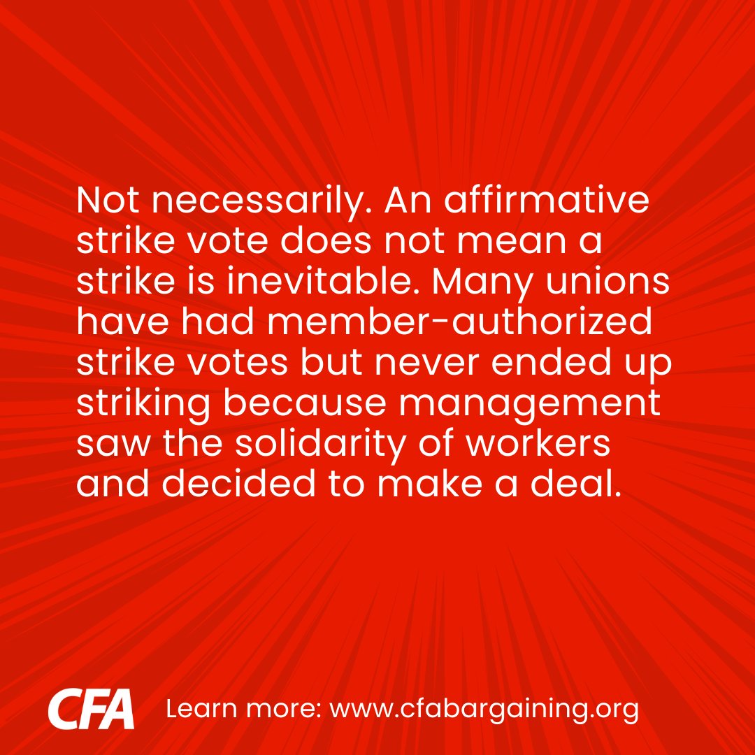 CFA_United's tweet image. An affirmative strike vote doesn't necessarily mean a strike will happen. In many cases, management will decide to make a deal if they see the collective power of workers. Stay informed: calfac.org/strike-authori… #DidYouKnow #RaiseTheFloor #CFA4Faculty #CFAInBargaining