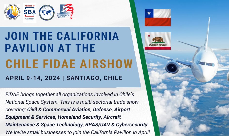 ATTN: California aerospace &amp; defense companies interested in the #Chilean market

#FIDAE is the leading aerospace &amp; defense trade show in LATAM hosted by the #ChileanAirforce

More Info: tinyurl.com/4rex4jv7
Register: tinyurl.com/ypb8b75v

#GOBizInternational #GobizAmericas