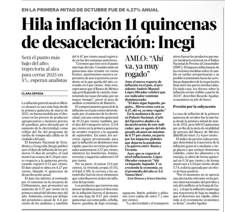 La inflación está en el menor nivel desde marzo de 2021 y las expectativas de nuestra economía al alza.

🌐➡️ jornada.com.mx/2023/10/25/eco….