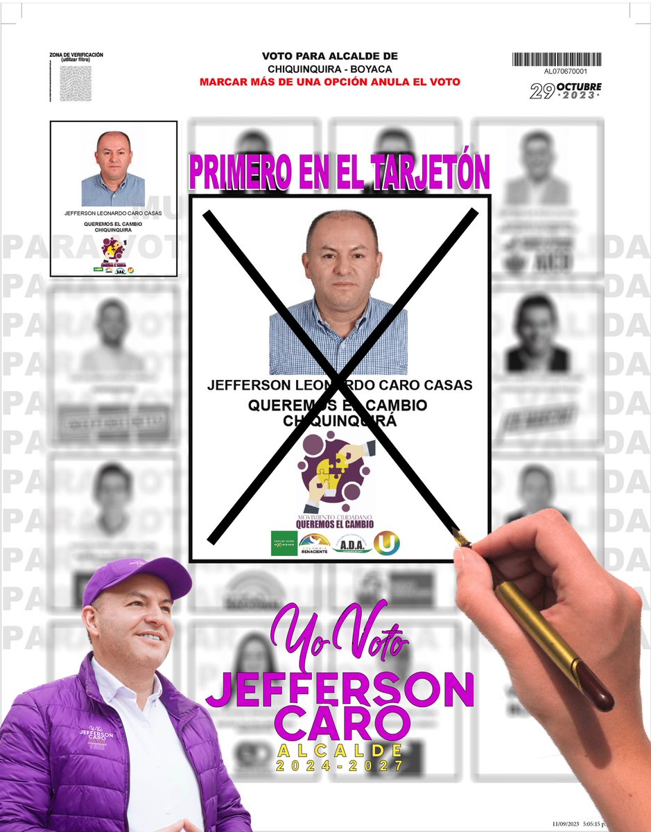 JeffersonCaroC's tweet photo. ¡Este 29 de octubre!✍️🗳️💜

Marcando con una X, por el primero en el tarjetón, vota por Jefferson Caro, a la Alcaldía de Chiquinquirá. ✍️

Porque con Jefferson Caro, Chiquinquirá, ¡SE RESPETA, SE PROTEGE, SE IMPULSA!  

#ChiquinquiráElige 
#ChiquinquiráSeRespetaSeProtegeSeImpulsa https://t.co/8cAHDW5E1I