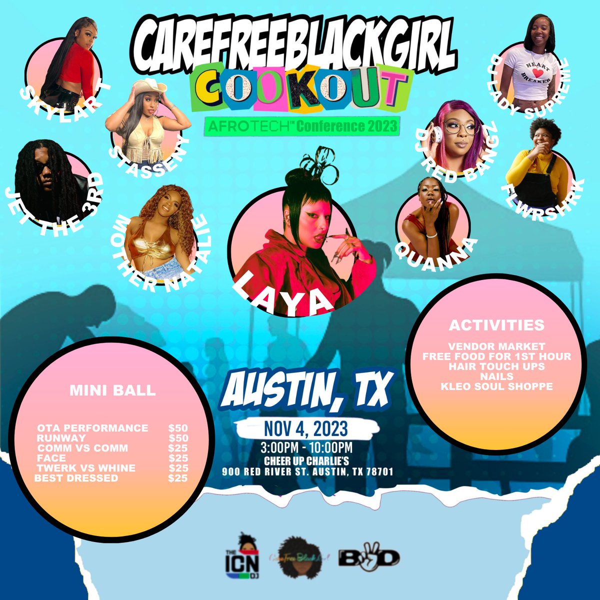 It’s a lovely #pinkwednesday 💕 here is the full lineup for #carefreeblackgirlcookout <a href="/AfroTech/">AfroTech</a> headlined by <a href="/LAYAface/">L Λ Y Λ</a> 
•• hosted by <a href="/QUANNAMC/">Q</a> &amp; <a href="/Orishamere/">MsGIRL6 🎤 ➐</a> 

Music by <a href="/DJLadySupreme/">Supreme</a> @flwrshrk &amp; Dj Red Bangz 

Performances by <a href="/jetthe3rd_/">JET THE 3RD</a> <a href="/Stassfineass/">Stasseny</a> &amp; Skylar T

Mini Ball with