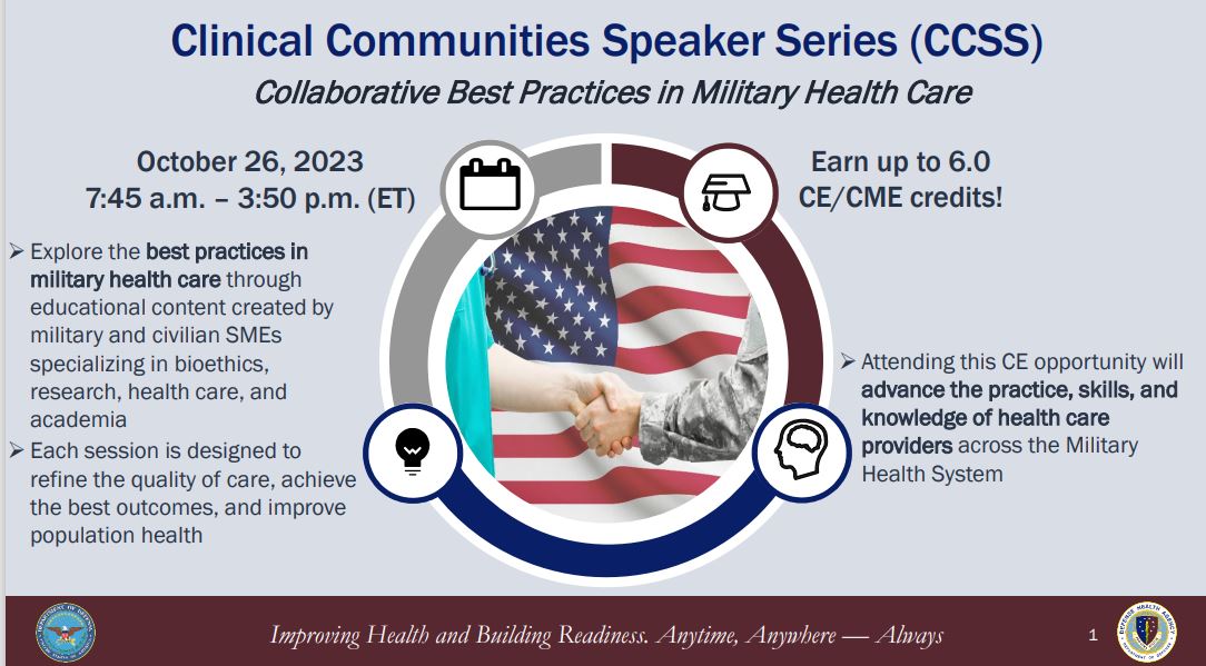 Please join @Drbob52, @bcacoleman & @emmabeish as they present @DoD_DHA 's Clinical Communities Speaker Series (CCSS) tomorrow 10/26/23. @varesearch @NIH_NCCIH @deptvetaffairs @DoD_DHA #veteranshealth #pain #research Register here: dhaj7-cepo.com/content/oct-20…