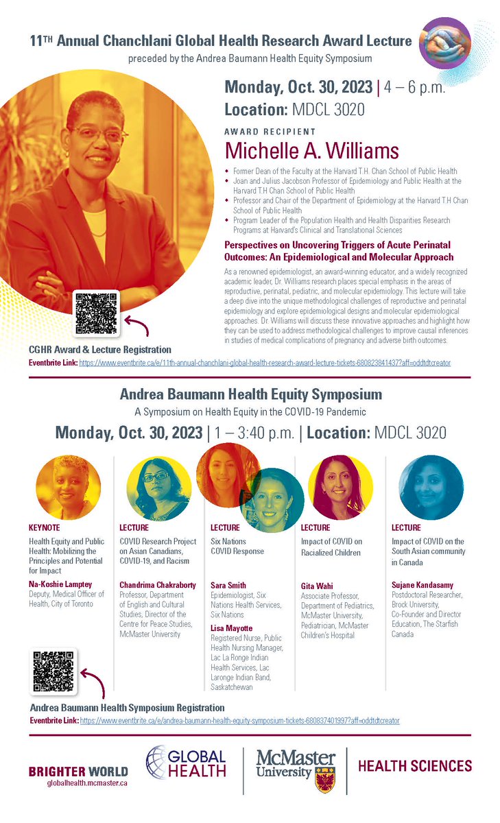 It's not too late to register for the 11th Annual Chanchlani Global Health Research Award & Lecture taking place on Monday, Oct 30. We are also hosting a Symposium on Health Equity in the COVID 19 Pandemic. See QR Codes for more info and to register. @machealthsci @McMasterU