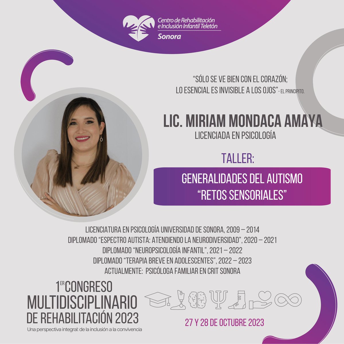 CRITSonora's tweet image. Ellos son la Lic. Miriam Mondaca Amaya, Lic. Francisco Daniel Soto Ríos y el Lic. Francisco Darío Aceves Escalante, quienes ofrecerán el taller Generalidades del Autismo ”Retos sensoriales””. 💜💛

Primer Congreso Multidisciplinario de Rehabilitación

¡Te esperamos!