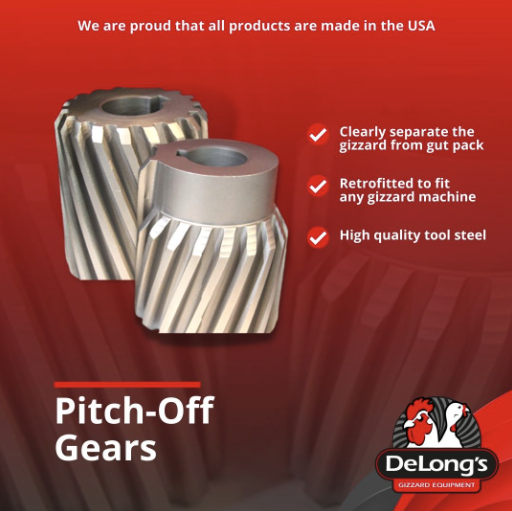 DeLong’s pitch-off gears are made from high quality tool steel and outperform our competition. We offer a special edge on our pitch-off gears to clearly separate the gizzard from the gut pack. Learn more: bit.ly/45KUUwv 
#pitchoffgears #poultryprocessingequipment