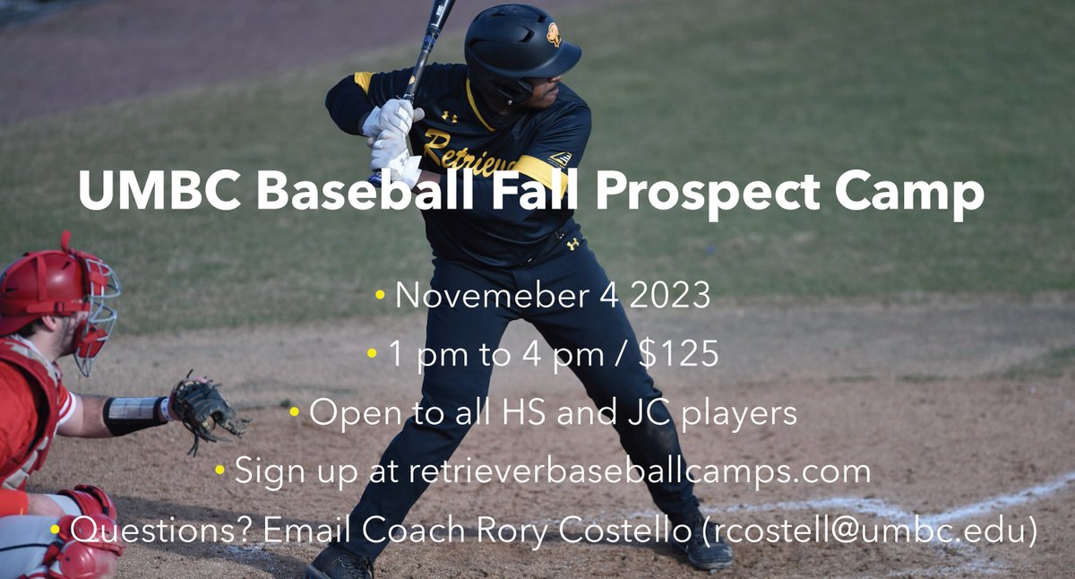 Last prospect camp of the year coming up in less than two weeks! This is the only chance to be seen by the UMBC staff remaining in 2023. 

Visit retrieverbaseballcamps.com to sign up!