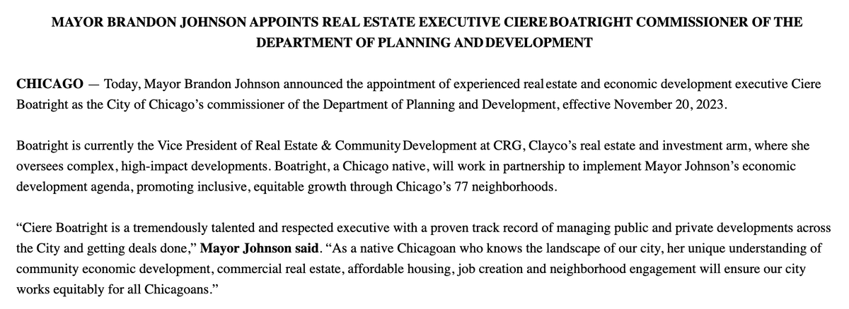 AlexNitkin's tweet photo. .@ChicagosMayor nominates Ciere Boatright as @ChicagoDPD commissioner.
Boatright spent 8+ years at Pullman-based nonprofit developer Chicago Neighborhood Initiatives before becoming a VP at @CRG_Real_Estate (employer of Rahm-era DPD chief David Reifman!) https://t.co/UWmiNEVkwv