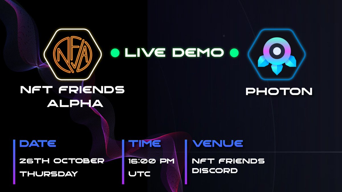 NFTFRIENDSALPHA's tweet photo. 🤝NFT Friends Alpha X Photon🤝

Hey NFT Friends,

Wanted to share with everyone the newest token-trading platform @tradewithPhoton . They're just about ready to launch early access for our community. For those who are hesitant to use Telegram bots, this is worth checking out.

Two members of the Photon team will be joining our Discord on Thursday, October 26th, at 16:00 UTC to provide a comprehensive platform demonstration and distribute early access codes to our members.

Make sure to join us for this exclusive opportunity and don't miss out.