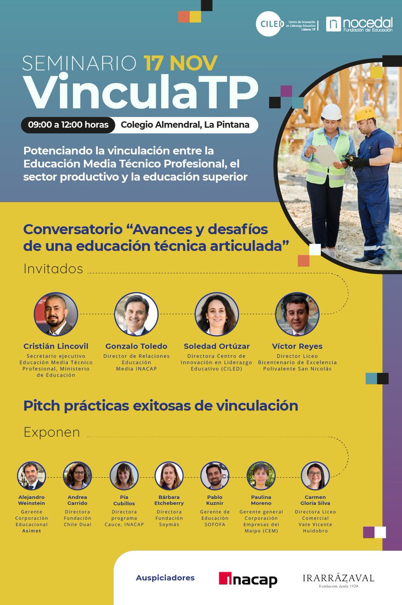ciled_udd's tweet photo. Junto a @FundNocedal convocamos a diversos actores del sector público, privado y la academia, con el fin de reflexionar en torno al escenario actual y los desafíos de articulación entre la #EMTP, el sector productivo y la educación superior.
Inscripciones https://t.co/aerdzBrl9Q https://t.co/i0TacJtrvZ