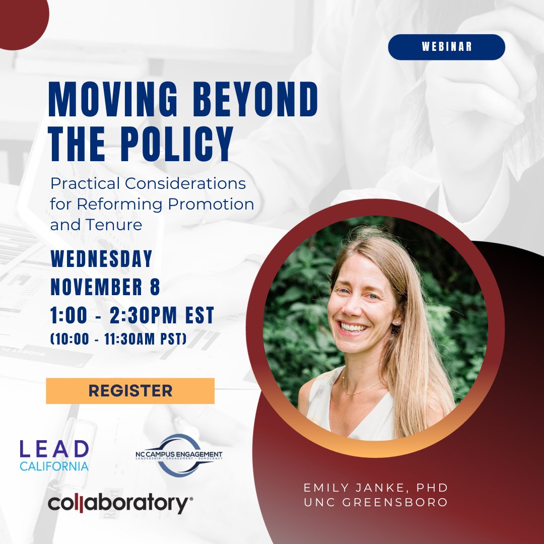 📣 Join us for a thought-provoking webinar on advancing community engagement in promotion and tenure! Speaker: Emily Janke, Ph.D. Exciting collaboration with Lead California and <a href="/nccampusengage/">NC Campus Engagement</a>. Learn how UNCG values community engagement in P&amp;T. Register: bit.ly/3Mi7bS5