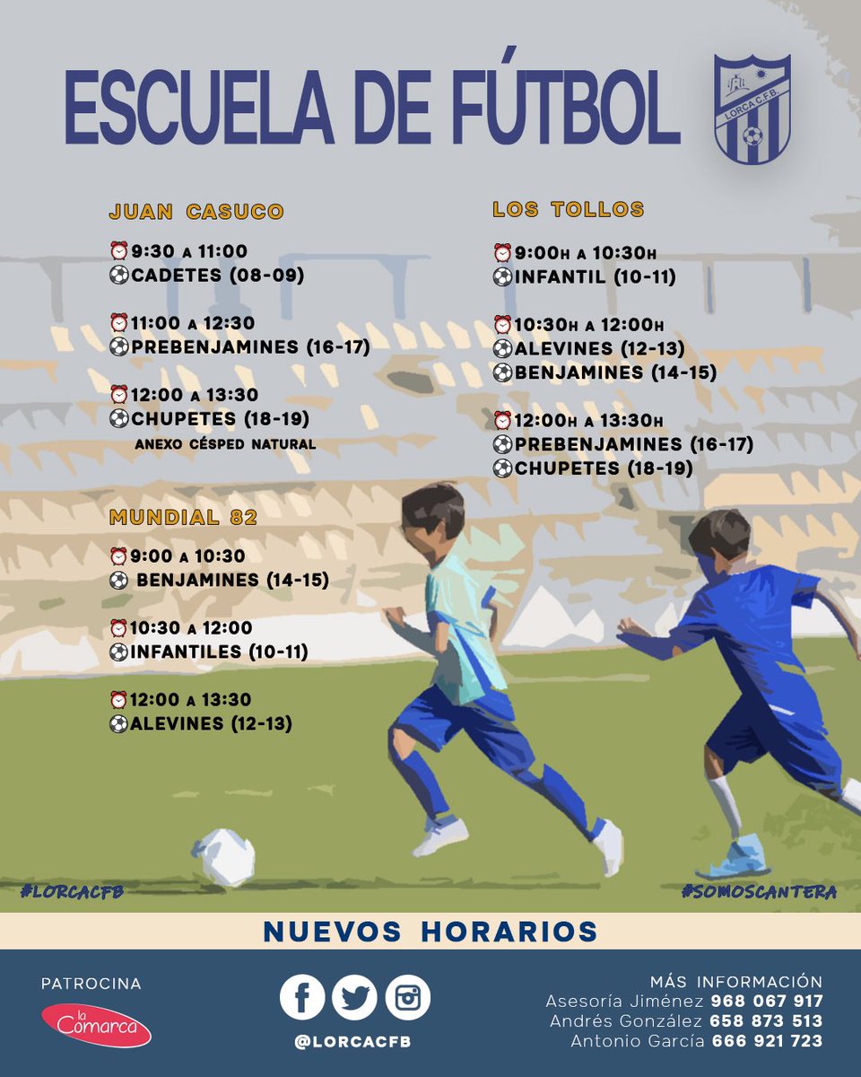 ESCUELA ⚽️ | Debido a la gran acogida que ha tenido nuestra Escuela de Fútbol 🙌🏼 y al inminente inicio de la liga Inter Escuelas, nos vemos obligados a relacionar una reestructuración de los horarios 

¡Gracias por la acogida! 👏🏼

#SomosCantera #LorcaCFB 🔵⚪️