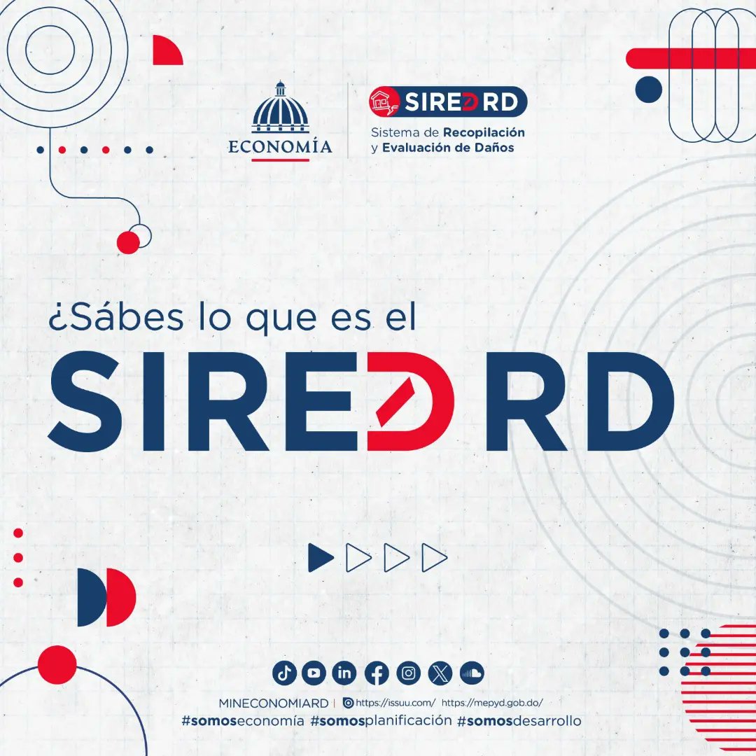 mineconomiard's tweet photo. SIRED RD ⛈ ¿sábes qué es? 

Sistema de Recopilación y Evaluación de Daños de Rep. Dom. 🇩🇴, es una herramienta que ayuda la cuantificación de pérdidas económicas ante el paso de las acciones climáticas ⚡️ por el territorio. 

Desliza y conoce más sobre este sistema 👀

#SIRED https://t.co/cFL7rTGWHx