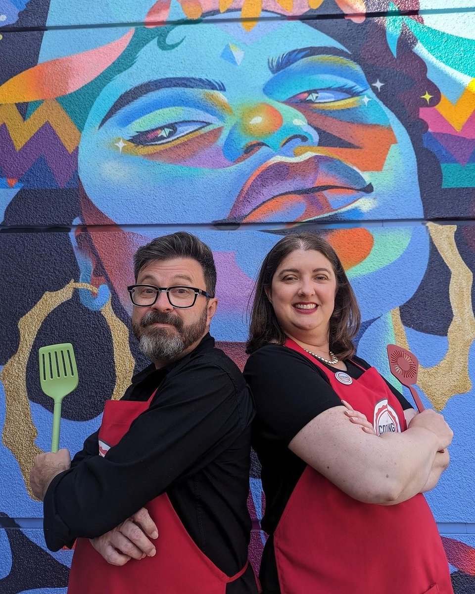 We love this photo of local chefs Megan Briggs &amp; Andrew Calabrese in front of our amazing mural created by <a href="/gardenofjourney/">GIZ◬</a>. Thanks for sharing (and for stopping by the food hall) @cookingstageleft!