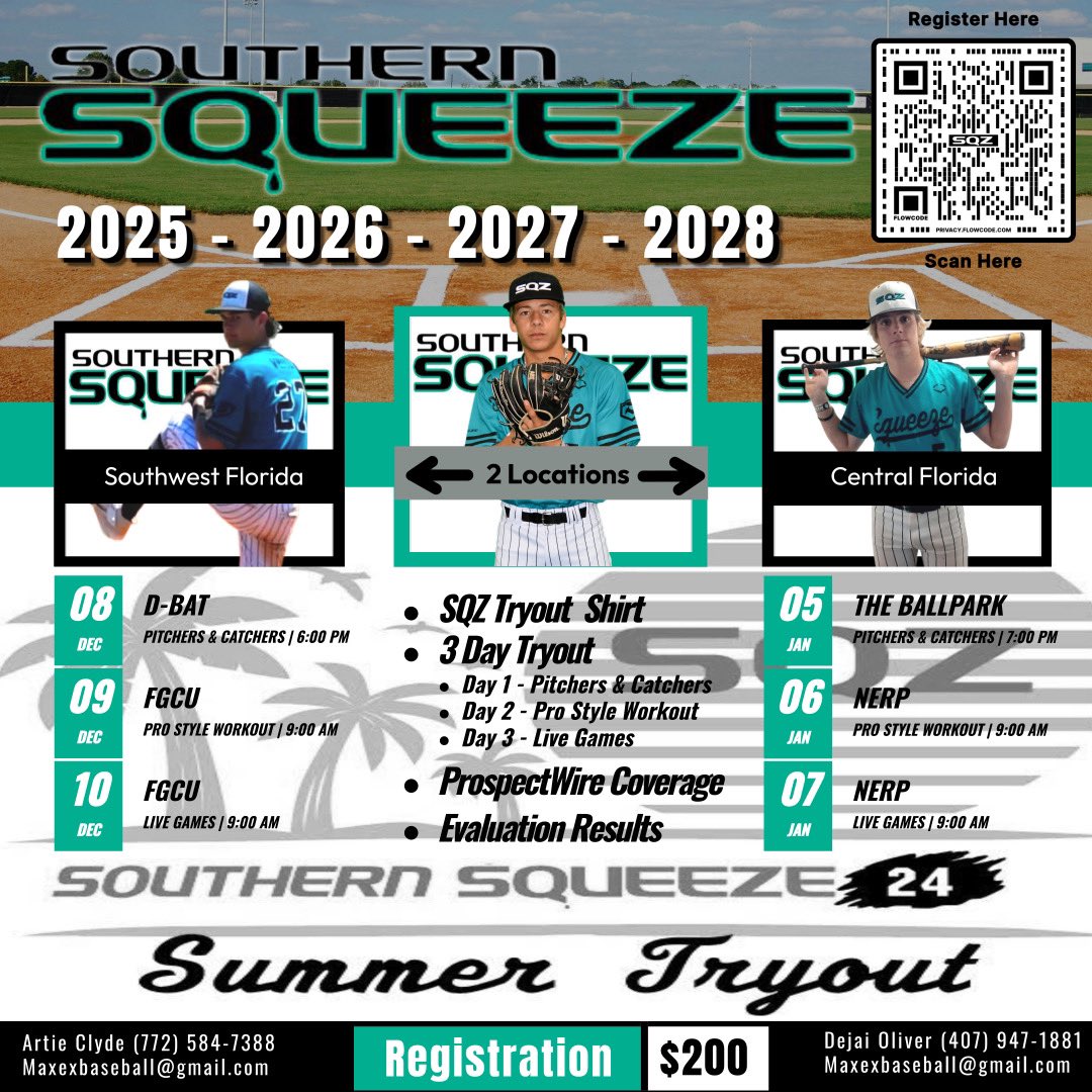 🚨Summer Tryouts🚨

2025-2026-2027-2028 Graduates

Scan the QR Code or use the link below. 

southernsqueezebaseball.sportngin.com/register/form/…

Reach out to Artie Clyde or myself for more information. 

<a href="/SQZBaseball/">Southern Squeeze Baseball</a> <a href="/SQZ_Orlando/">SQZBaseball_Orlando</a> #SQZ #SQZarmy