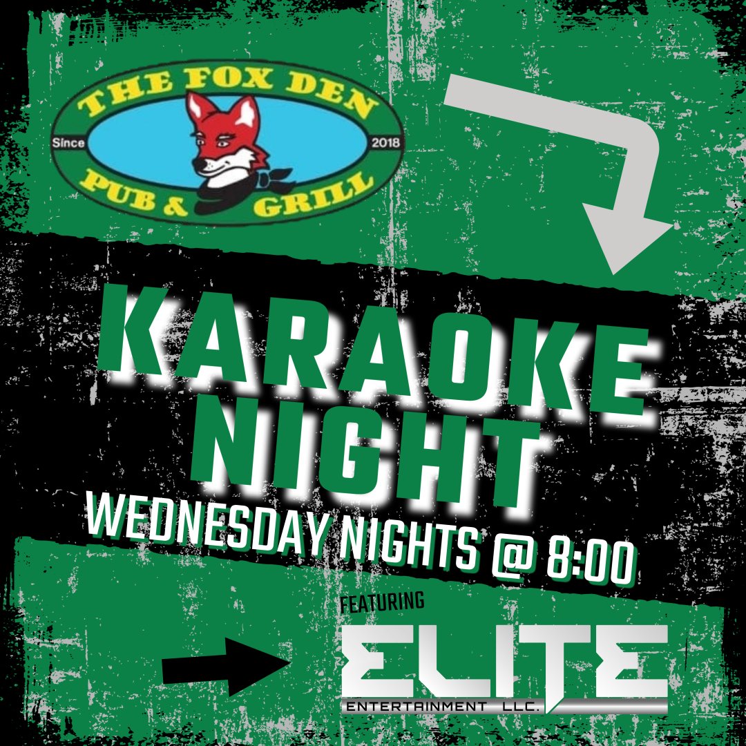 EliteEntertai20's tweet photo. Grab your friends and head on out to The Fox Den Pub &amp; Grill for Wednesday Night Karaoke starting at 8!!! See you there!!!
#karaoke #wednesday #humpdaywednesday #WednesdayNightKaraoke #humpdaykaraoke #EliteEntertainment #thefoxden #inman #inmansc #divebar https://t.co/oPFyMckZL1