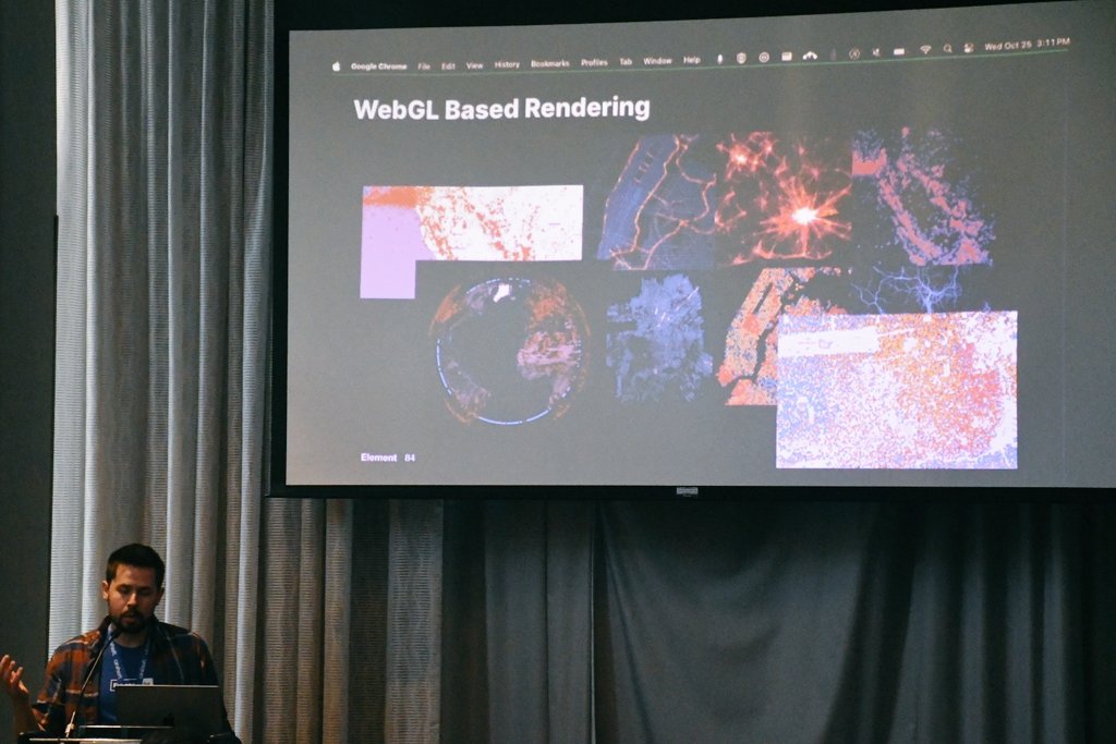Element84's tweet image. Packed house for Brad Andrick's comprehensive talk on large datasets visualizations and open-source rendering libraries and techniques #foss4gna