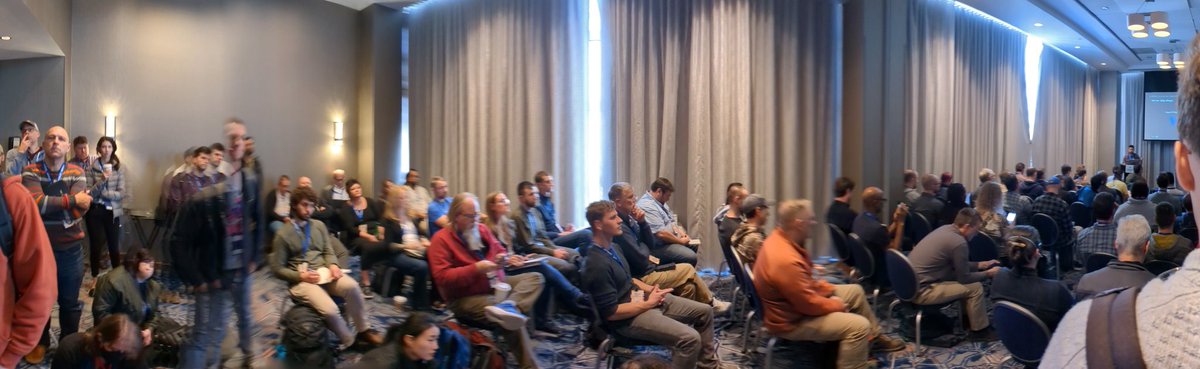 Element84's tweet image. Packed house for Brad Andrick's comprehensive talk on large datasets visualizations and open-source rendering libraries and techniques #foss4gna