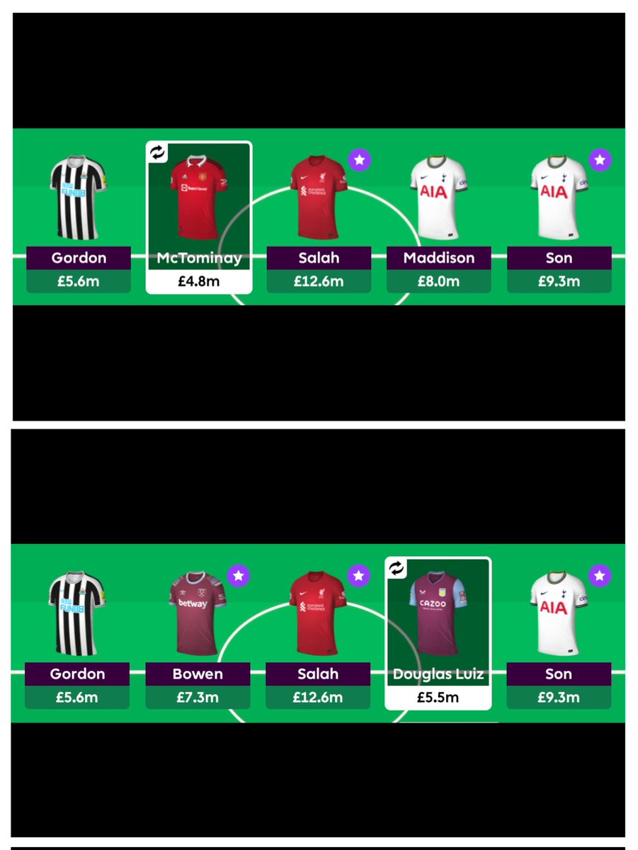 BenjaminOMahony's tweet photo. @FPLGOAT7 In order to afford Watkins I need to either sell Maddison (for Douglas Luiz) or Bowen (for McTominay). Which would you do? (If either) https://t.co/SUHN6TFc8z