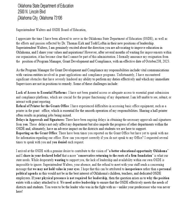 kayleeolivastv's tweet photo. ANOTHER ONE: Pamela Smith-Gordon is resigning from her @oksde position as Grant Development and Compliance Program Manager effective Oct. 28. 

"While desperately wanting to support you, the lack of leadership and availability within our own OSDE is impossible." @kfor 🧵 https://t.co/7YUspFx6Zr