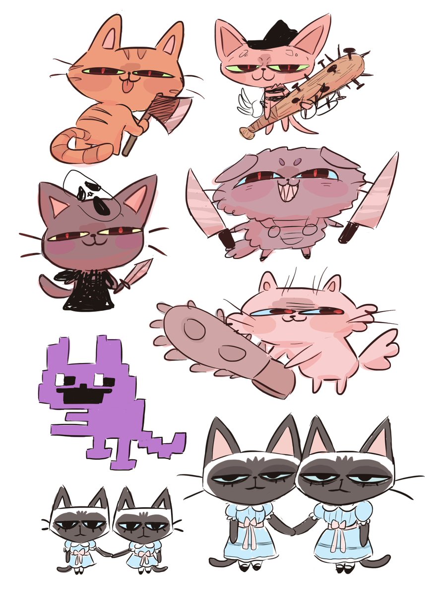 IzzyRaeComix's tweet photo. Cat Sticker Series Rough Concepts 2: Decided to go with a more "killer kitties" approach with the designs. Was heading in the direction of pop culture horror characters the more I drew. 😺🔪

#stickers https://t.co/2nlxQlGgFh