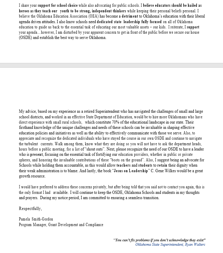 kayleeolivastv's tweet photo. ANOTHER ONE: Pamela Smith-Gordon is resigning from her @oksde position as Grant Development and Compliance Program Manager effective Oct. 28. 

"While desperately wanting to support you, the lack of leadership and availability within our own OSDE is impossible." @kfor 🧵 https://t.co/7YUspFx6Zr