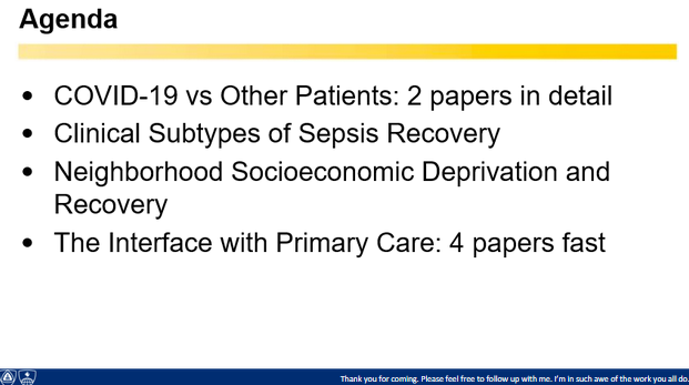 Welcome Theodore J. @iwashyna for updates in ICU Survivorship:

- COVID changed everything
- clinical subtypes of sepsis recovery
- neighborhood socioeconomic deprivation and recovery
- the interface with primary care

We are excited to hear more!

#ICURehab