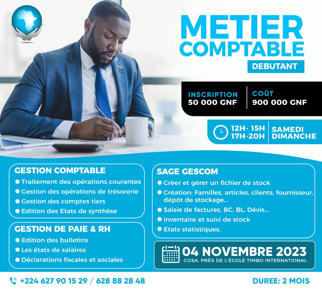 BusinessKeith's tweet photo. PROMO FORMATION AU MÉTIER COMPTABLE PME 
Au sortir de cette formation pratique de deux mois, vous serez  autonome et apte à tenir une comptabilité informatisée d’une entreprise 
Débouchés : Comptable PME, Assistant comptable, Gestionnaire commercial etGestionnaire de Paie&amp;RH https://t.co/NpSJbkcDqP