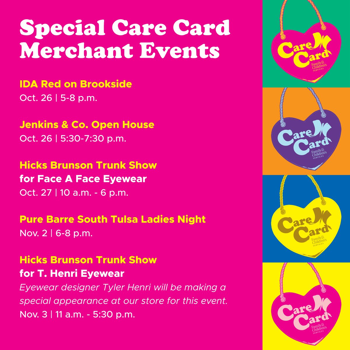 Check out these special merchant events starting Thursday and during the <a href="/FCS_CareCard/">Care Card</a> shopping event. Don't miss your chance to save up to 20% at 200 locations, all while supporting local businesses and <a href="/FCSTulsa/">FCS Tulsa</a> mental health programs. carecardok.com #carecardok #fcsok
