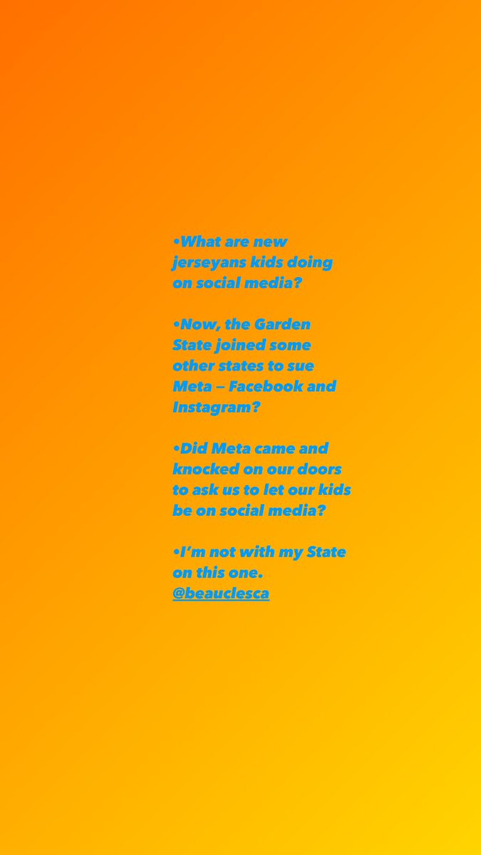 •Hello New Jerseyans, social media isn’t for children.
•Keep our kids safe by not letting them on social media.
•Sue Meta isn’t going to change much more.
#newjerseyissuyingmeta #newjersey #thegardenstate #keepchildrensafe #nosocialisnotformediaforkids #meta #facebook