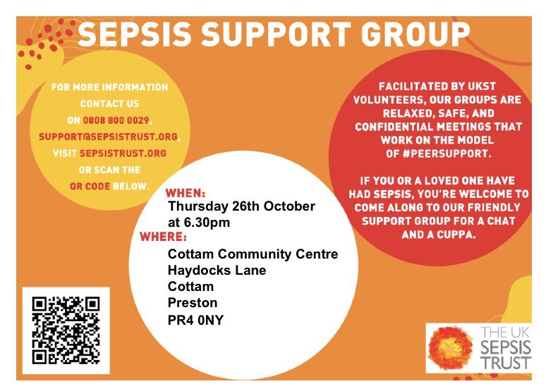 If you or a loved one has been affected by sepsis, you are welcome to join us at our support group tomorrow at 6:30pm. Please see the UK Sepsis Trust for further details. @UKSepsisTrust @CritcareLTHTR @BDTeamLTHTr #sepsis