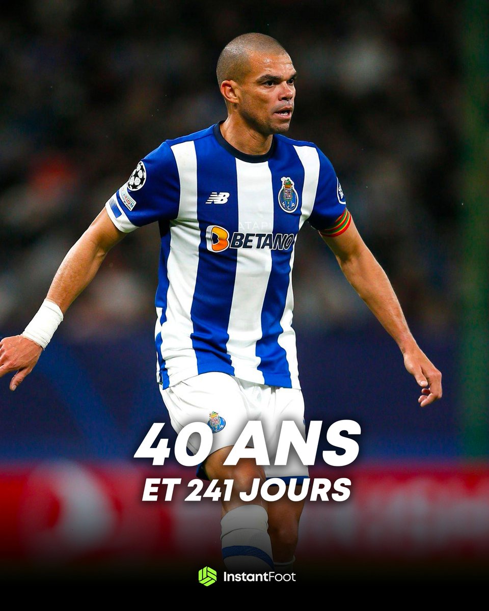 lnstantFoot's tweet photo. 🚨🥇 RECORD ! Pepe rentre de nouveau dans l'histoire du foot en devenant ce soir le joueur de champ le plus âgé de l'histoire de la Ligue des Champions. 👴🏻🇵🇹

𝟰𝟬 𝗮𝗻𝘀 𝗲𝘁 𝟮𝟰𝟭 𝗷𝗼𝘂𝗿𝘀. 🍷 https://t.co/Rg4Furdl2H