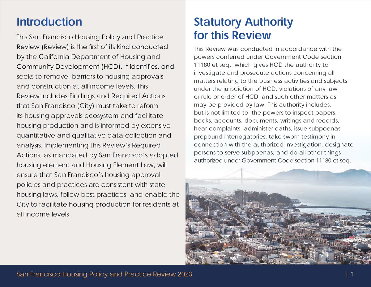 cayimby's tweet photo. Let's dive into the findings from this report.

It starts with a short introduction and an overview of HCD's statutory authority to conduct this kind of review, then moves on to an explanation of why HCD is specifically scrutinizing SF's housing policy. https://t.co/udB2hjfttC