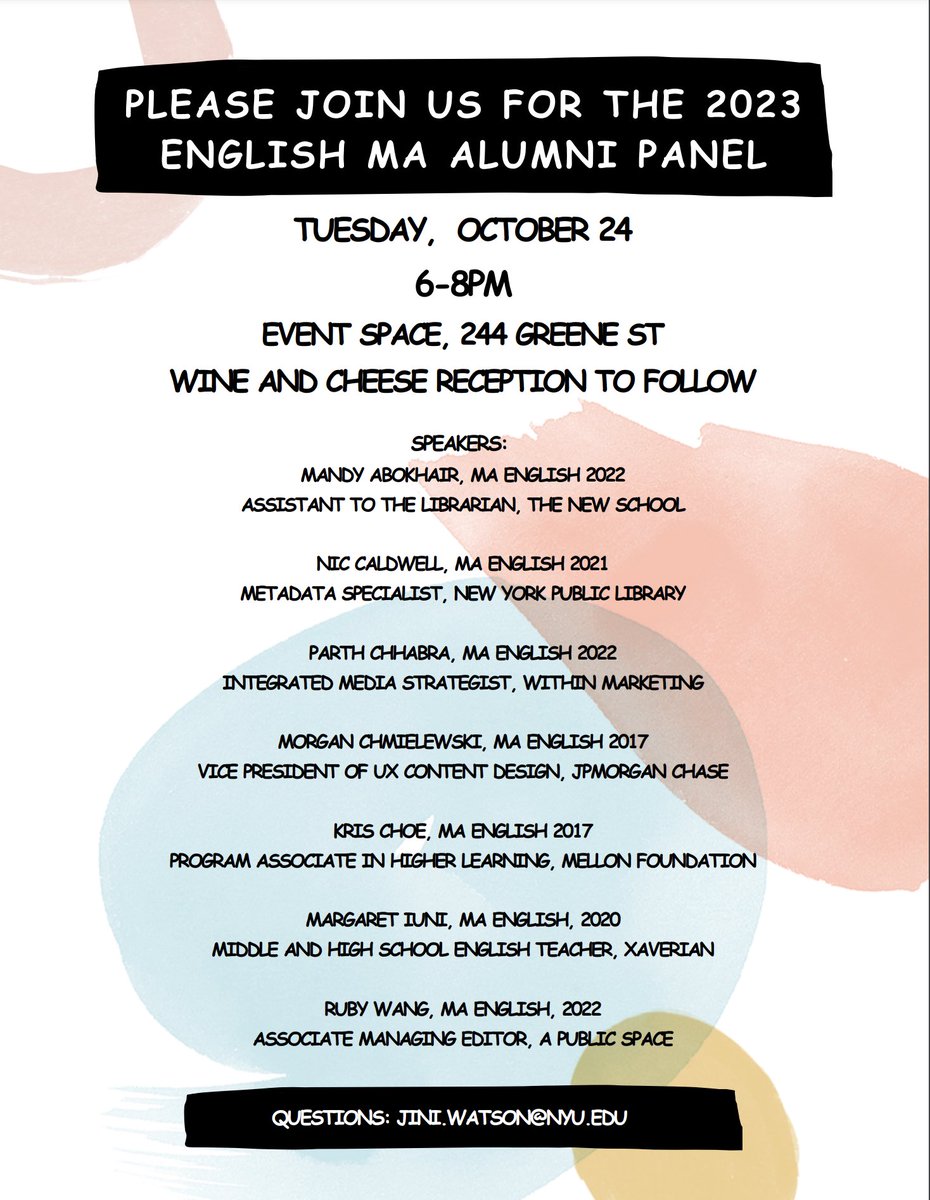 It’s always an honor to return to 244 Greene Street as a speaker for the English MA Alumni Panel! Don’t hesitate to get in touch with questions, Violets! @NYUEnglish #VioletPride #NYUEnglish