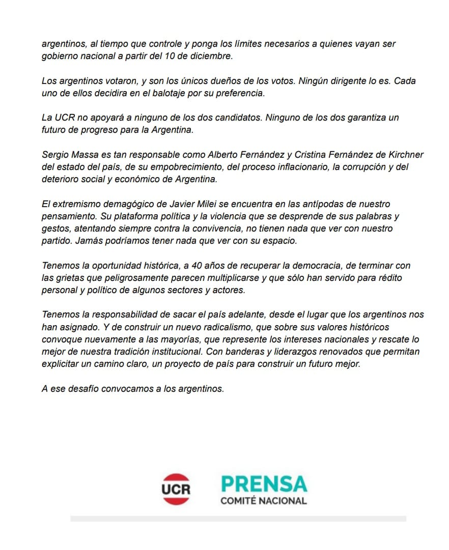 📢 Los radicales NO apoyaremos a ninguno de los dos candidatos. Ninguno garantiza unfuturo de progreso para la #Argentina

Massa es tan responsable como el kirchnerismodel estado del país, de su empobrecimiento, del proceso inflacionario, la corrupción y del
deterioro social y
