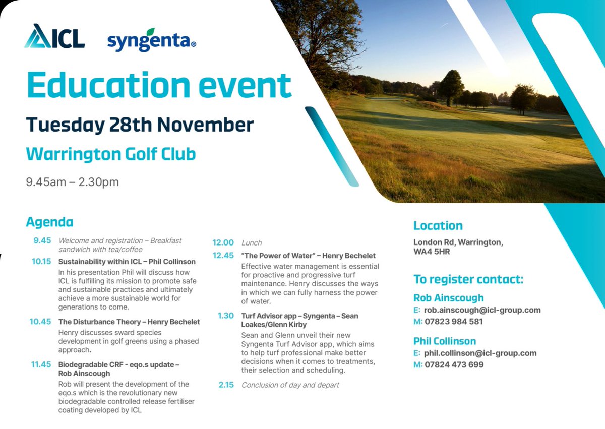📢 Exciting News! Join us at Warrington Golf Club for an education event!🎓✨

Myself, <a href="/PhilColl_ICL/">Phil Collinson</a>, <a href="/bechelet/">Henry Bechelet</a> and <a href="/gppLoakes/">Sean Loakes</a> presenting on some intriguing topics:

🔹 Sustainability 
🔹 Disturbance Theory
🔹 eqo.s
🔹 Water Management 
🔹 Turf Advisor App

Don't miss out 👇