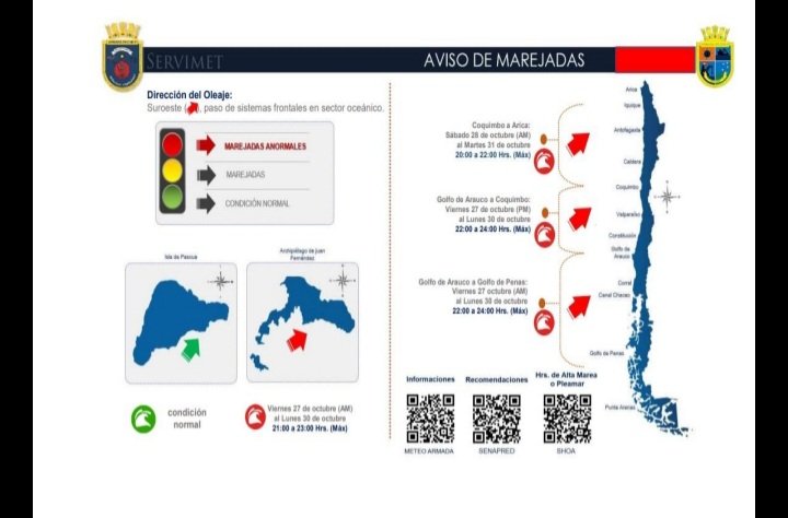 capuertovic's tweet photo. Informamos sobre un #AvisodeMarejadas #Anormales emitido por el Centro Meteorológico de Valparaíso que se presentará en zona marítima de #Talcahuano y #Hualpén a contar de viernes 27 octubre PM. Los detalles y recomendaciones de seguridad acá 👇
@DGTM_Chile @gm_talcahuano https://t.co/u9m7H5yxWY