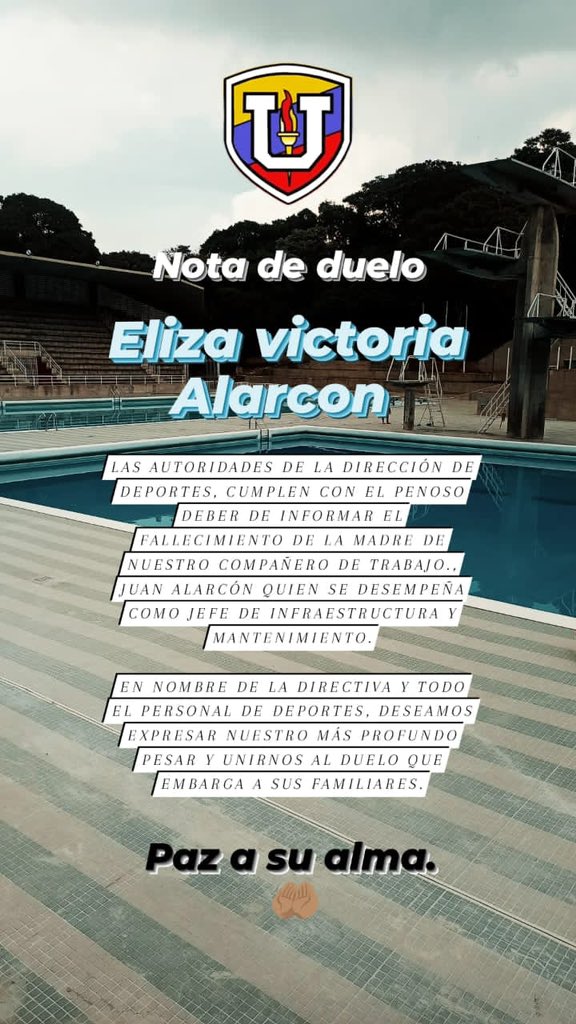 Las autoridades de la Dirección de Deportes UCV, cumplen con el penoso deber de informar el fallecimiento de la madre de nuestro compañero de trabajo Juan Alarcón quien se desempeña como jefe de infraestructura y mantenimiento Paz a su alma.