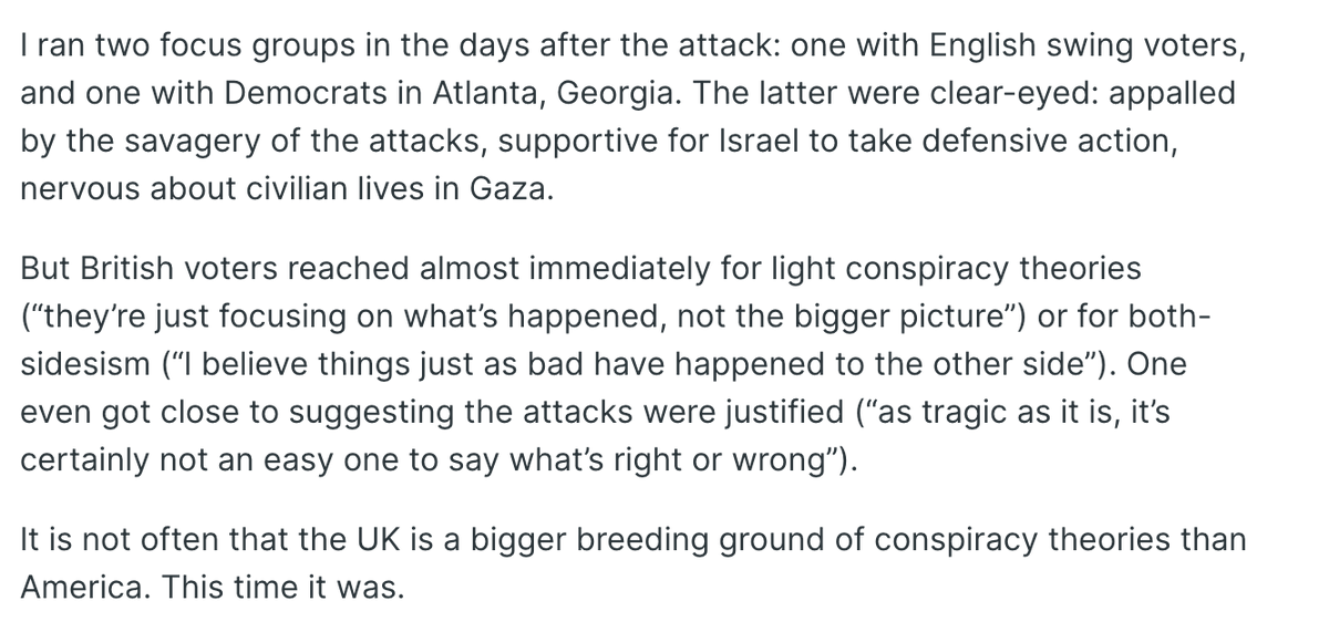 The disturbing truth: in the aftermath of Hamas' attacks on Israel, it was the British public that were the hotbed of conspiracy theories. A tale of two 🇬🇧🇺🇸 focus groups 👇 Full @ConHome piece: conservativehome.com/2023/10/25/jam…