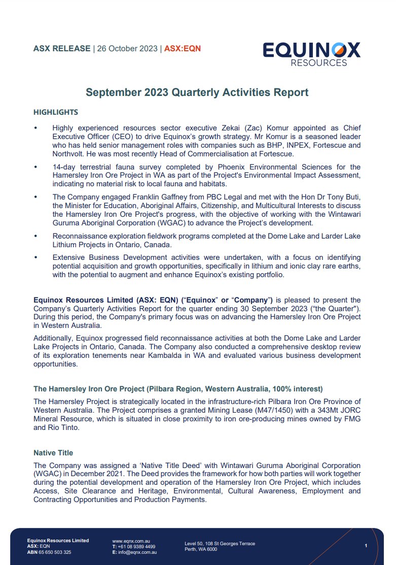 Equinox Resources is pleased to release its September 2023 Quarterly Report. Highlights include the appointment of experienced executive Zac Komur as CEO & continued progress in advancing the Hamersley Iron Ore Project.

ow.ly/Qe4R50Q0Rny

#EQN #quarterlyreport #ironore