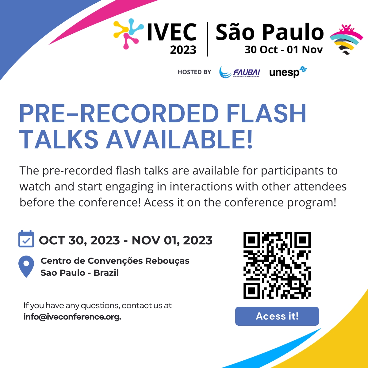 The pre-recorded flash talks are available for participants to watch and start engaging in interactions with other attendees before the conference! Acess it on: ivec2023.dryfta.com/program-schedu…