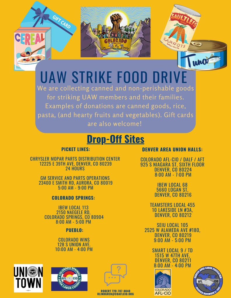 BoulderDSA's tweet photo. Support striking UAW workers in Colorado by bringing groceries to the picket line! Bring food workers can take home with them to feed their families. https://t.co/aIs0jx41Me