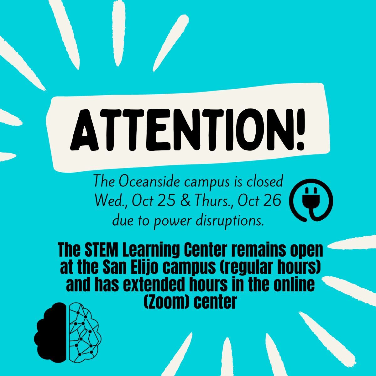 MiraCostaSTEMLC's tweet photo. The lights may be out at the Oceanside campus, but we are still here for you! 💡 Find us at the San Elijo campus and online in Zoom for free STEM course assistance and tutoring. ⚛️ 🏫 📚 #MiraCostaSTEMLC https://t.co/N5abpC7wpr