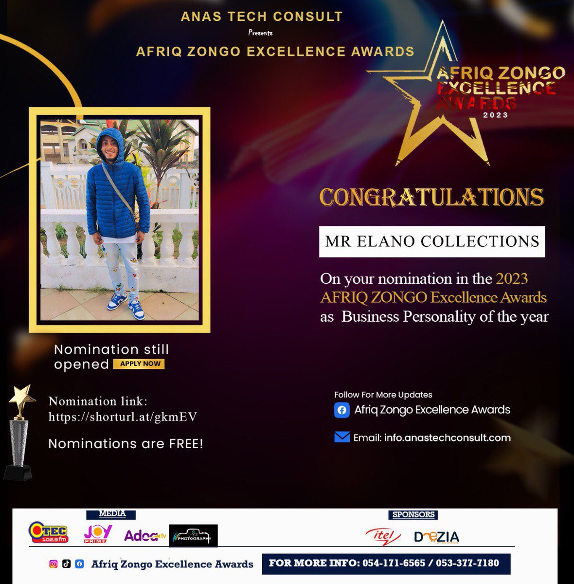 AnasTechConsult's tweet photo. *AFRIQ ZONGO EXCELLENCE AWARDS* 🔅

|| Glitz 🥂|| Glamour🎙️ || Exclusive 🏆||  Exquisite🎤 || 

⚡️NOMINATION OPENS

To File your nomination for FREE 
- Tap the link: https://t.co/YUeDb3SP2K

Contact for more info📞 
_0541716565_
_0533777180_ https://t.co/famEBbevZl
