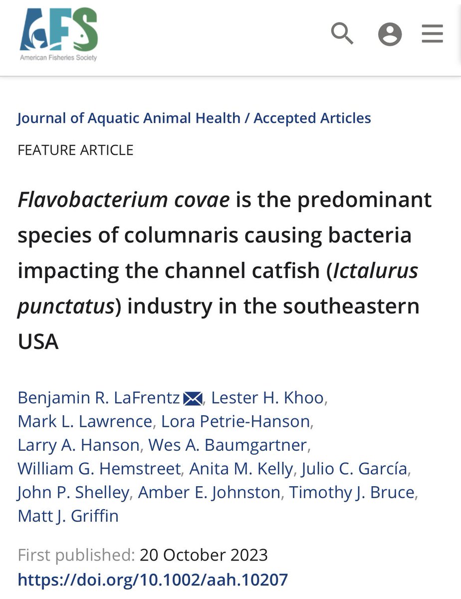 Excited to share our latest research which has identified Flavobacterium covae as the predominant species of columnaris causing bacteria impacting the catfish industry in the USA!  @mjohg2414 <a href="/tjbruce3/">TJ Bruce</a> <a href="/ajohnstonfw/">Amber</a> <a href="/AFSFishHealth/">AFS Fish Health Section</a> 
#Flavobacterium #Catfish 
lnkd.in/d2B9AFCG