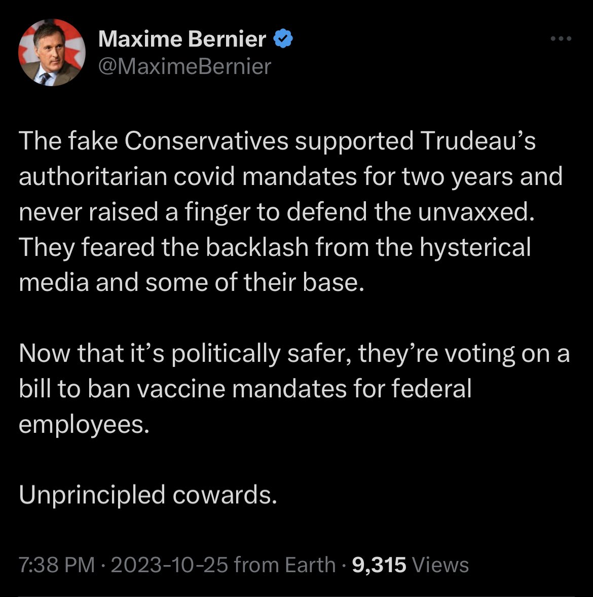“Real Conservatives” like Maxime Bernier cheer when a bill intended to put an end to COVID-19 vaccine requirements for employment and travel is defeated.