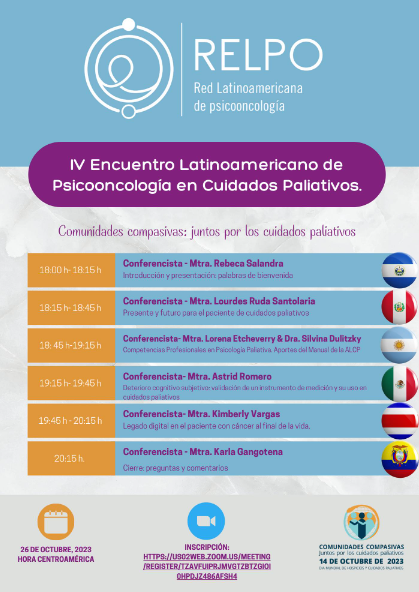 somosrelpo's tweet photo. 📍Acompañanos este jueves 26 de octubre en nuestro 4to. Encuentro Latinoamericano de Psicooncología en Cuidados Paliativos

Inscripción gratuita:

Entrar Zoom Reunión
https://t.co/j4Y8XcFbtB...

ID de reunión: 842 9110 8502
Código de acceso: 528196

#Psicooncología
#RELPO https://t.co/P07WekpIiX