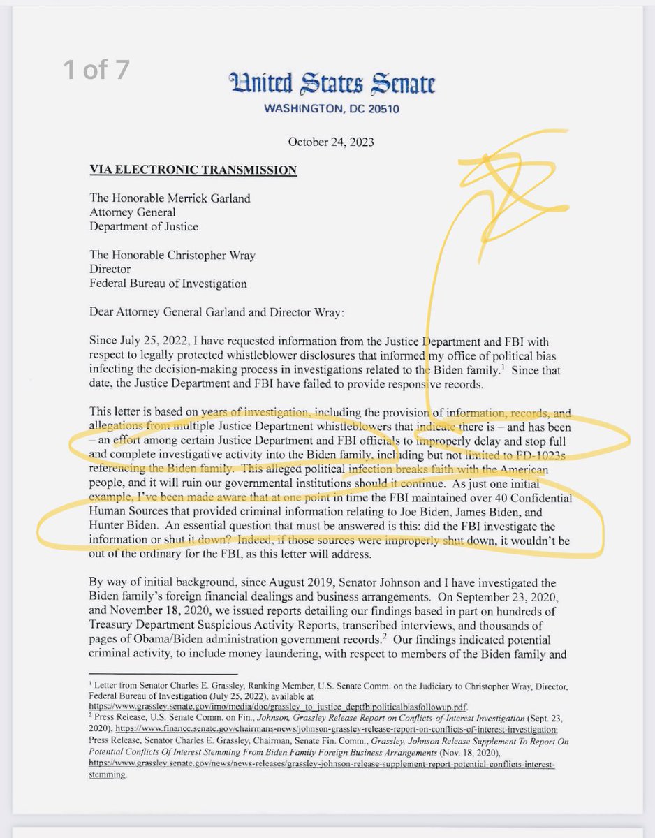 C__Herridge's tweet photo. .@ChuckGrassley letter to Director Wray, AG Garland "I've been made aware that at one point in time the FBI maintained over 40 Confidential Human Sources that provided criminal information relating to Joe Biden, James Biden, and Hunter Biden.” 👇
https://t.co/d2TBGrxIrL https://t.co/XftbEAlsz8