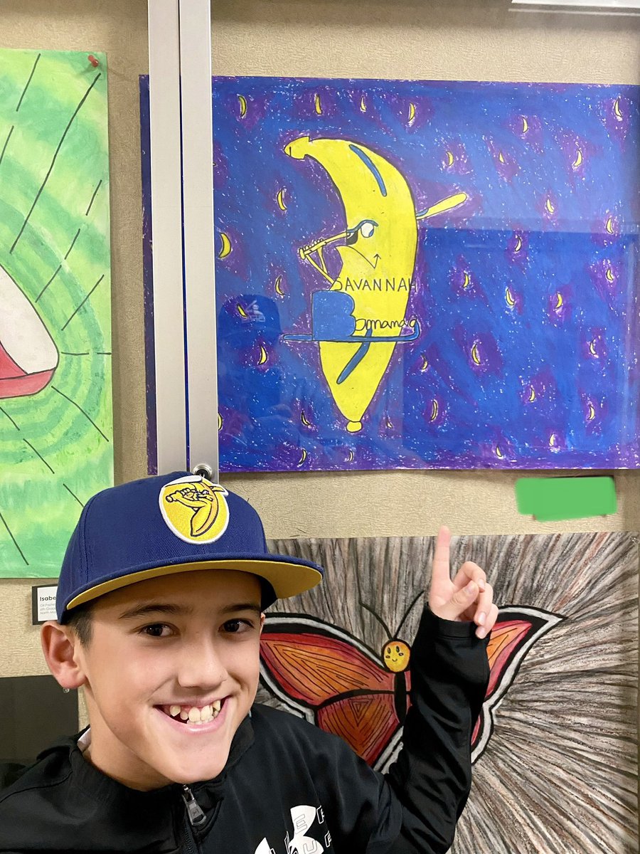My son was recognized for his oil pastel drawing of the Savannah Banana. The theme is Bananas out in space. The stars are mini bananas! He is so proud of this artwork. I think this would be cool as a poster and/or on a tshirt! <a href="/TheSavBananas/">Savannah Bananas</a>