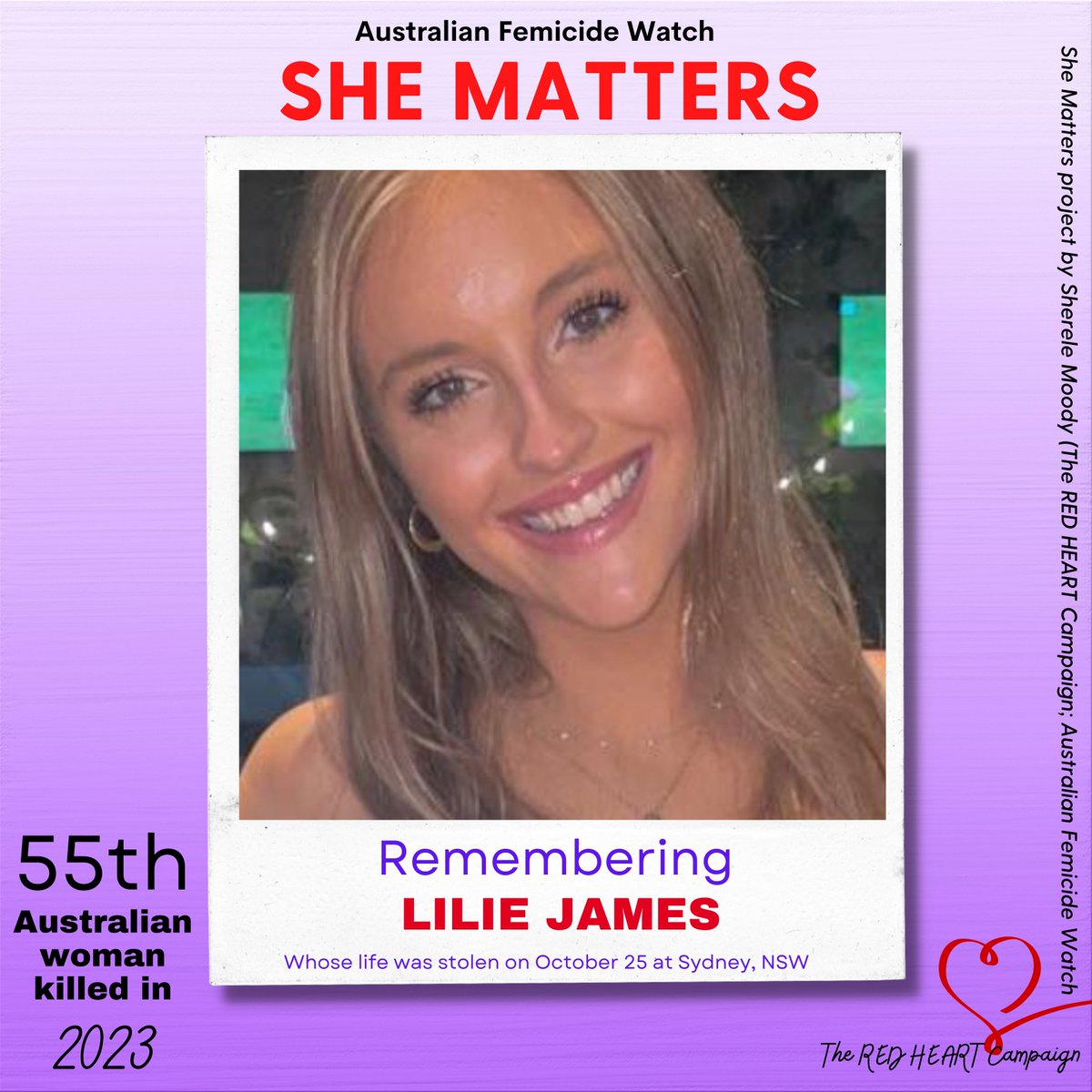 ❤️SHE MATTERS: LILIE JAMES!❤️

This is 22-year-old sports coach Lilie James. 
Yesterday, Lilie was murdered at her workplace – a school – in Sydney’s CBD.  Today, cops are hunting for a male colleague whom they suspect ended her life. 
Lilie is the 55th Australian woman killed